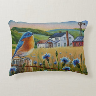 Bluebird Cornflowers Summer Farm Watercolor Art Accent Pillow