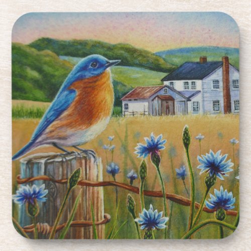 Bluebird Cornflowers Summer Farm Watercolor Art Beverage Coaster
