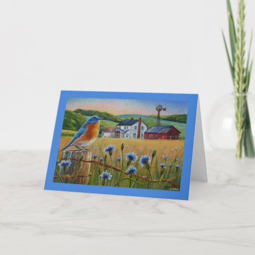 Bluebird Cornflowers Summer Farm Watercolor Art Card