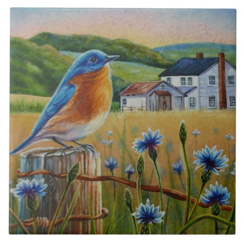 Bluebird Cornflowers Summer Farm Watercolor Art Ceramic Tile