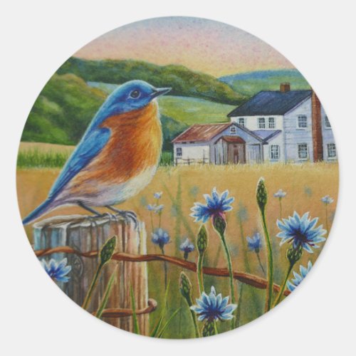 Bluebird Cornflowers Summer Farm Watercolor Art Classic Round Sticker