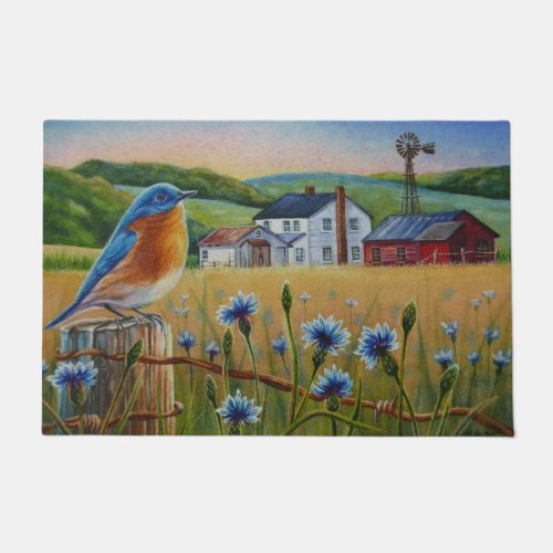 Bluebird Cornflowers Summer Farm Watercolor Art Doormat