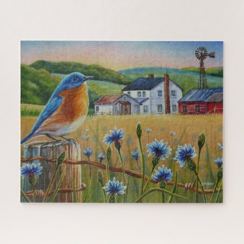 Bluebird Cornflowers Summer Farm Watercolor Art Jigsaw Puzzle