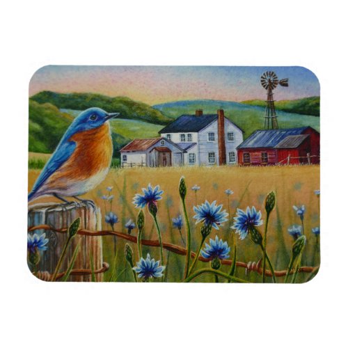 Bluebird Cornflowers Summer Farm Watercolor Art Magnet