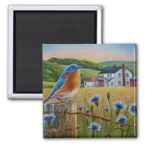 Bluebird Cornflowers Summer Farm Watercolor Art Magnet