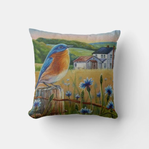 Bluebird Cornflowers Summer Farm Watercolor Art Throw Pillow