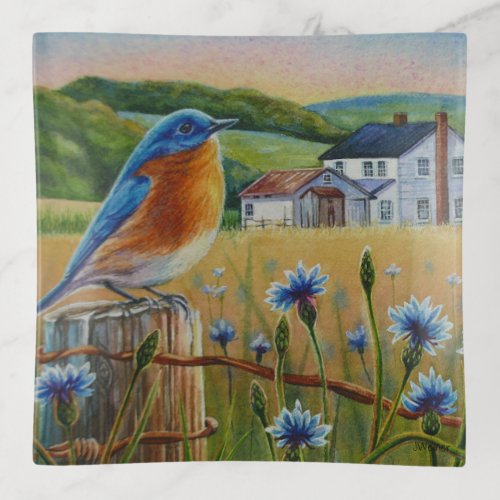 Bluebird Cornflowers Summer Farm Watercolor Art Trinket Tray