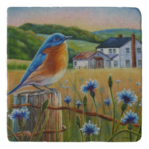 Bluebird Cornflowers Summer Farm Watercolor Art Trivet