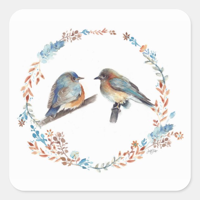 Bluebird Couple Floral Wreath Square Sticker (Front)