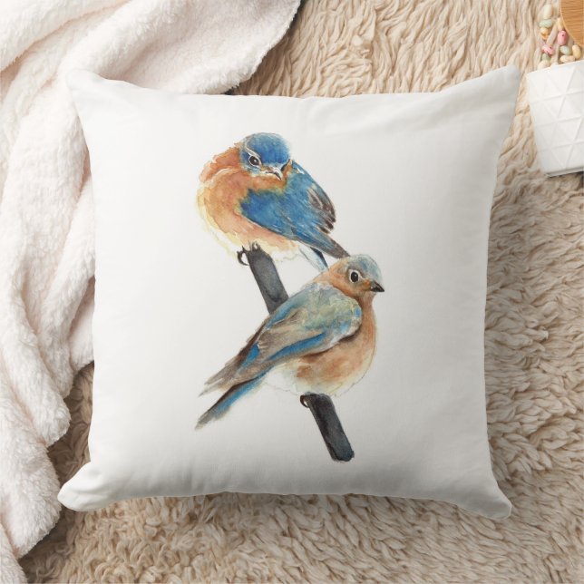 Bluebird Couple Watercolor Art Throw Pillow (Blanket)