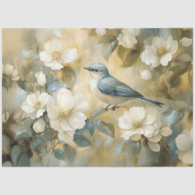 Bluebird Cream White Flowers Painting Decoupage Tissue Paper (Front)