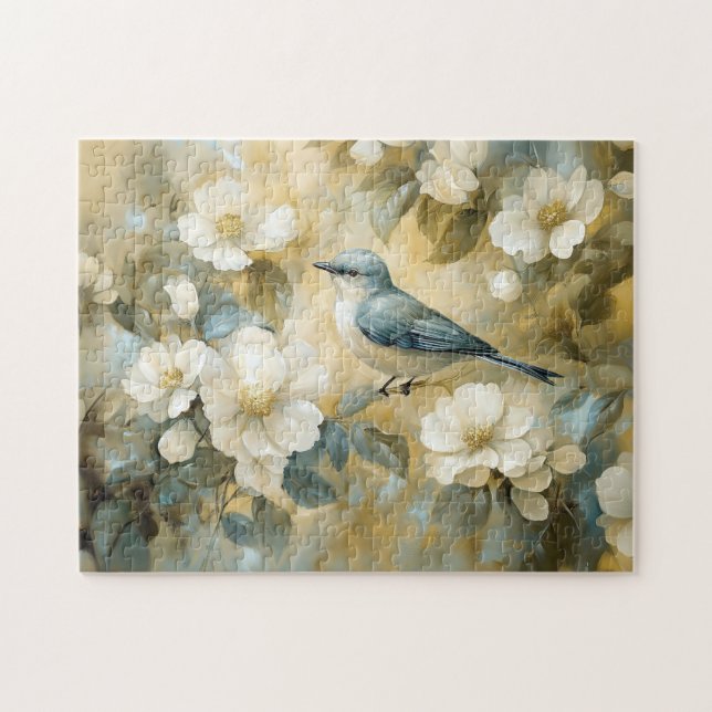 Bluebird Cream White Flowers Painting Jigsaw Puzzle (Horizontal)