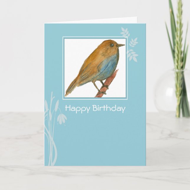 Bluebird Drawing Watercolor Happy Birthday Card (Front)