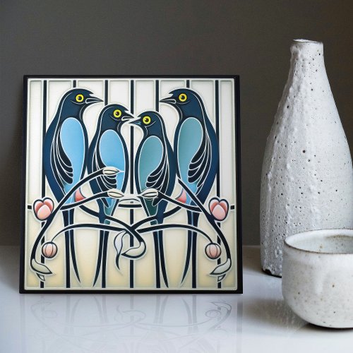 Bluebird Family Mackintosh Art Deco Wall Decor Ceramic Tile
