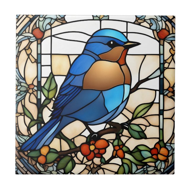 Bluebird Faux Stained Glass Blue Bird Ceramic Tile (Front)