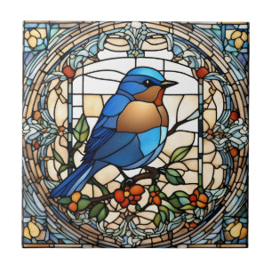 Bluebird Faux Stained Glass Blue Bird Ceramic Tile