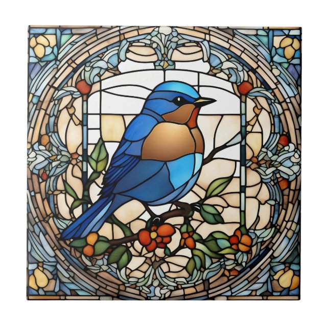 Bluebird Faux Stained Glass Blue Bird Ceramic Tile (Front)
