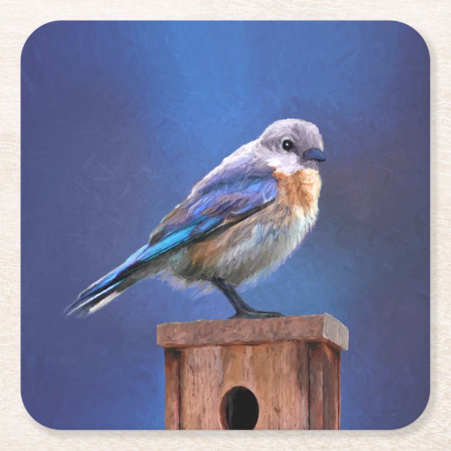 Bluebird (Female) Painting - Original Bird Art Square Paper Coaster (Front)