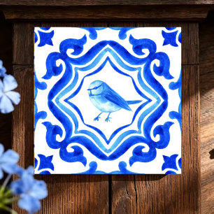 Bluebird Garden  Watercolor Bird Mosaic Coastal Ceramic Tile