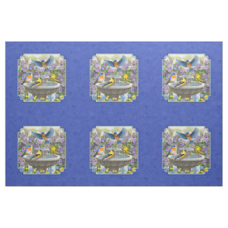 Bluebird Goldfinch and Birdbath Blue Pillow Size Fabric