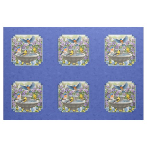 Bluebird Goldfinch and Birdbath Blue Pillow Size Fabric