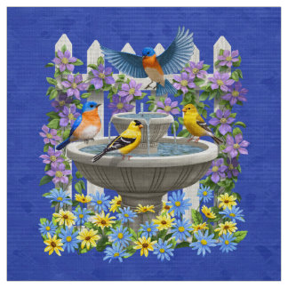 Bluebird Goldfinch Birdbath Garden Royal Blue Fabric