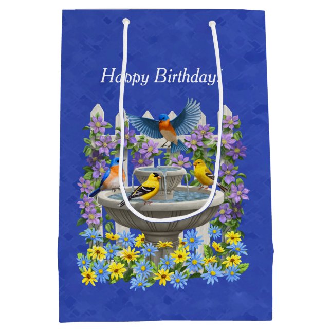 Bluebird Goldfinch Birdbath Garden Royal Blue Medium Gift Bag (Back)