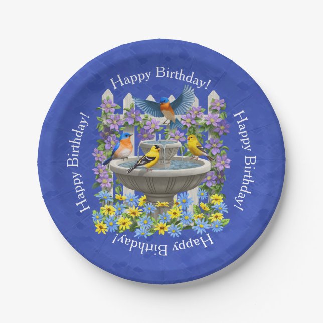 Bluebird Goldfinch Birdbath Garden Royal Blue Paper Plates (Front)