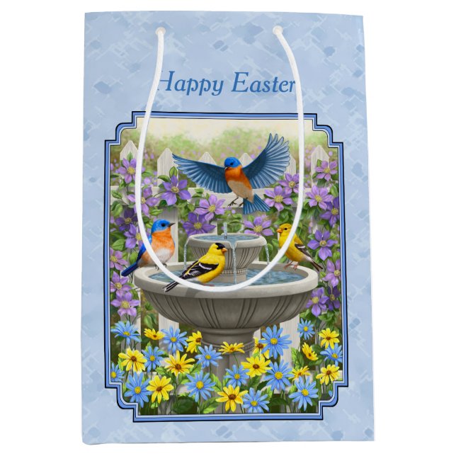 Bluebird Goldfinch Birdbath Garden Sky Blue Medium Gift Bag (Front)