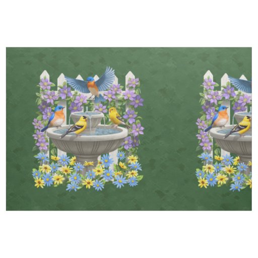 Bluebird Goldfinch Birdbath Green Pillow Size Fabric