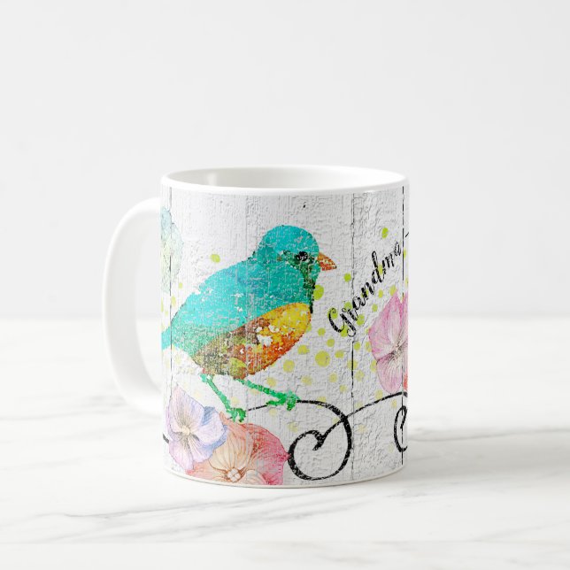 Bluebird Hydrangea Floral Grandma Quote Monogram Coffee Mug (Front Left)