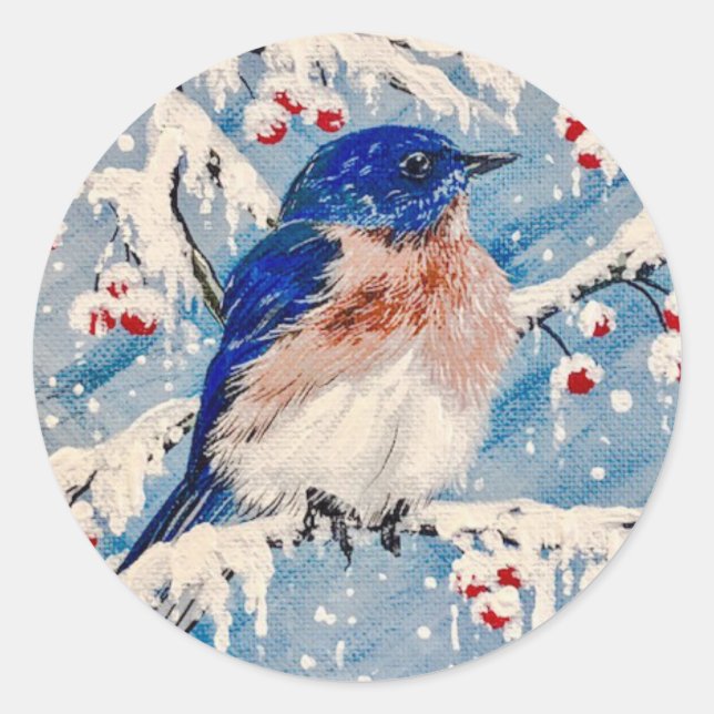 Bluebird in Berries & Snow❄️❄️❄️ Classic Round Sticker (Front)