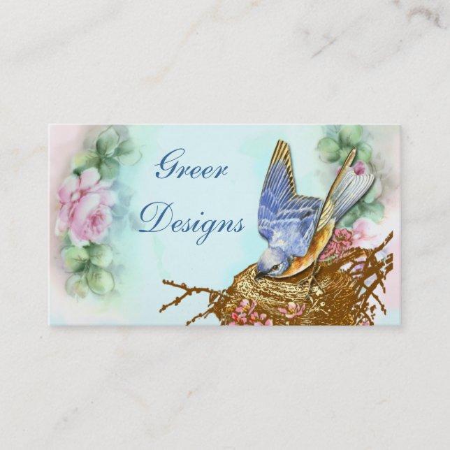 Bluebird in Nest Pink Roses Business Cards (Front)