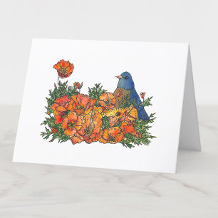 Bluebird in Poppy Flowers Watercolor Blank Card