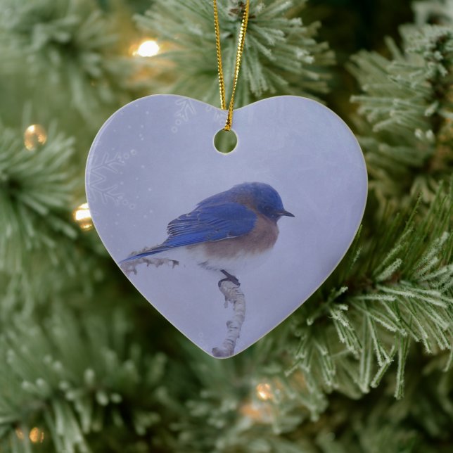 Bluebird in Snowy Winter Trees - Holiday Ceramic Ornament (Tree)