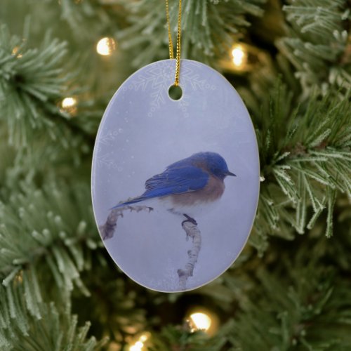 Bluebird in Snowy Winter Trees _ Holiday Ceramic Ornament