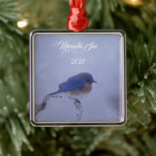 Bluebird in Snowy Winter Trees _ Holiday Metal Ornament