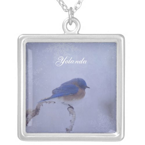 Bluebird in Snowy Winter Trees _ Holiday Silver Plated Necklace