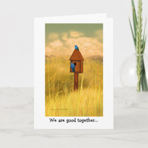 Bluebird lovers at country house painting card