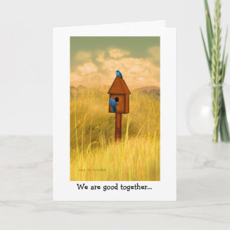 Bluebird lovers at country house painting card