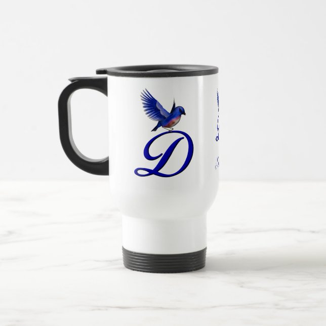 Bluebird Monogram Initial D Elegant Personalized Travel Mug (Left)