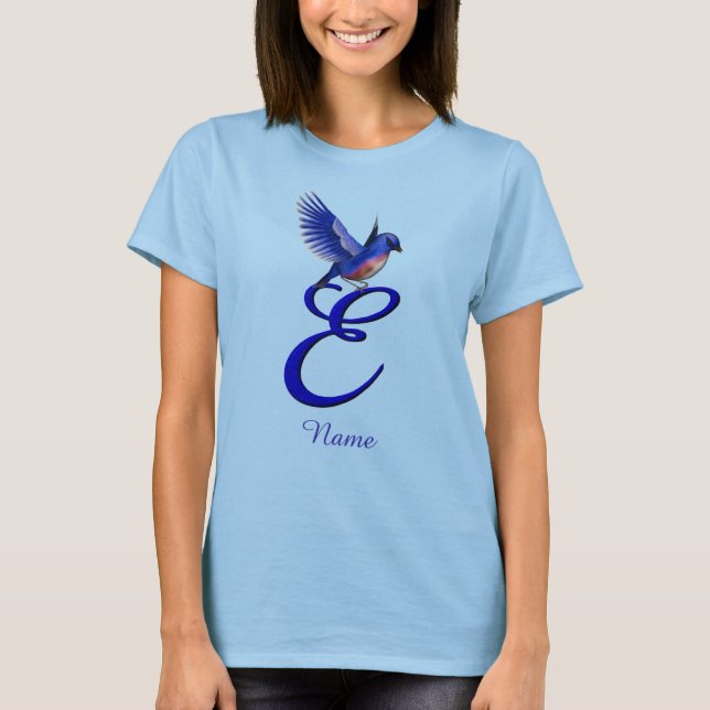 Bluebird Monogram Initial E Elegant Personalized T-Shirt (Front)