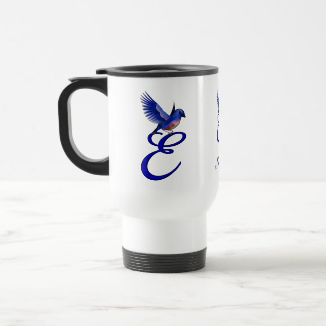 Bluebird Monogram Initial E Elegant Personalized Travel Mug (Left)