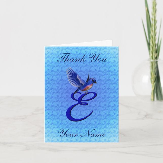 Bluebird Monogram Initial E Personalized Letterpress Thank You Card (Front)