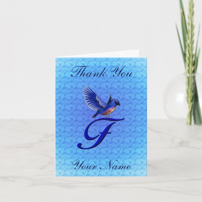 Bluebird Monogram Initial F Personalized Letterpress Thank You Card (Front)