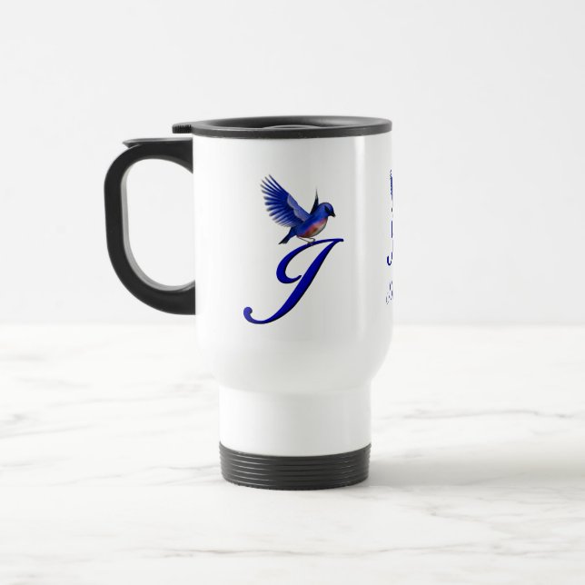 Bluebird Monogram Initial J Elegant Personalized Travel Mug (Left)