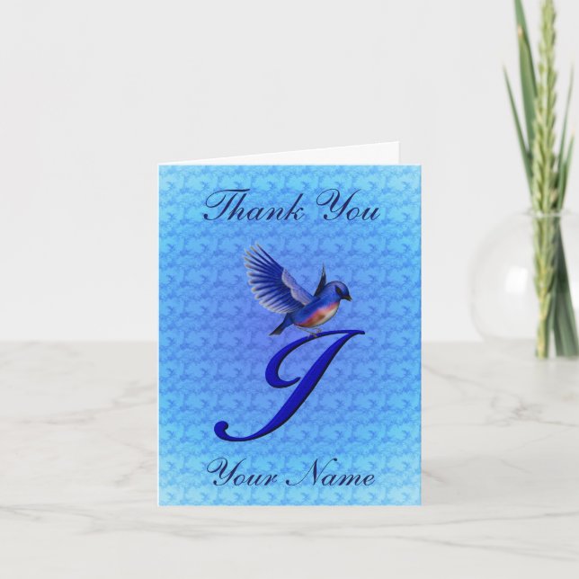 Bluebird Monogram Initial J Personalized Letterpress Thank You Card (Front)