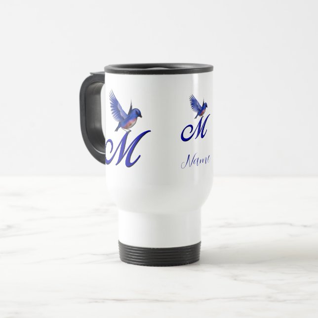 Bluebird Monogram Initial M Elegant Personalized Travel Mug (Front Left)