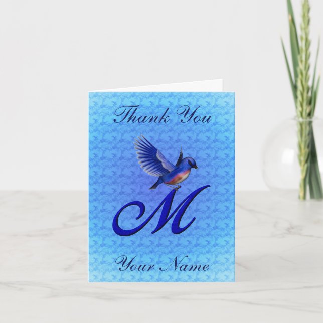 Bluebird Monogram Initial M Personalized Letterpress Thank You Card (Front)