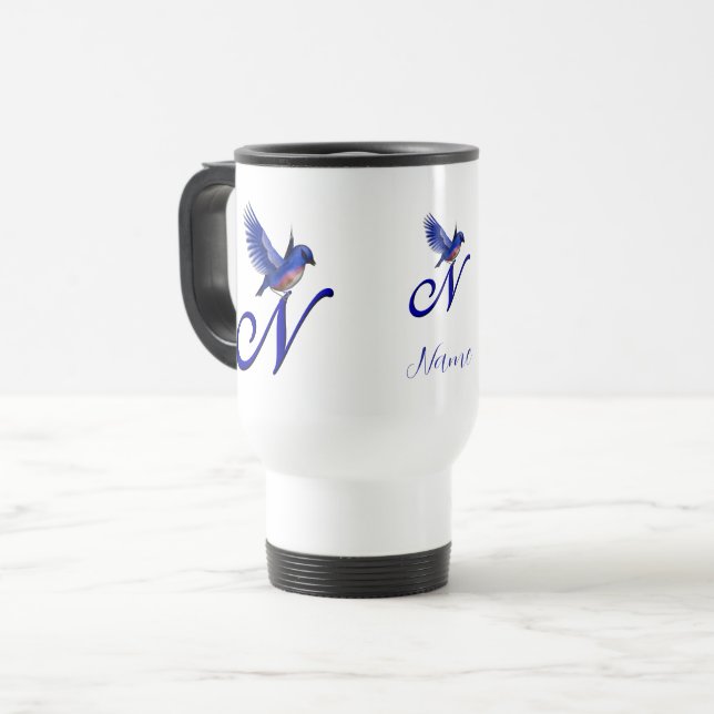 Bluebird Monogram Initial N Elegant Personalized Travel Mug (Front Left)